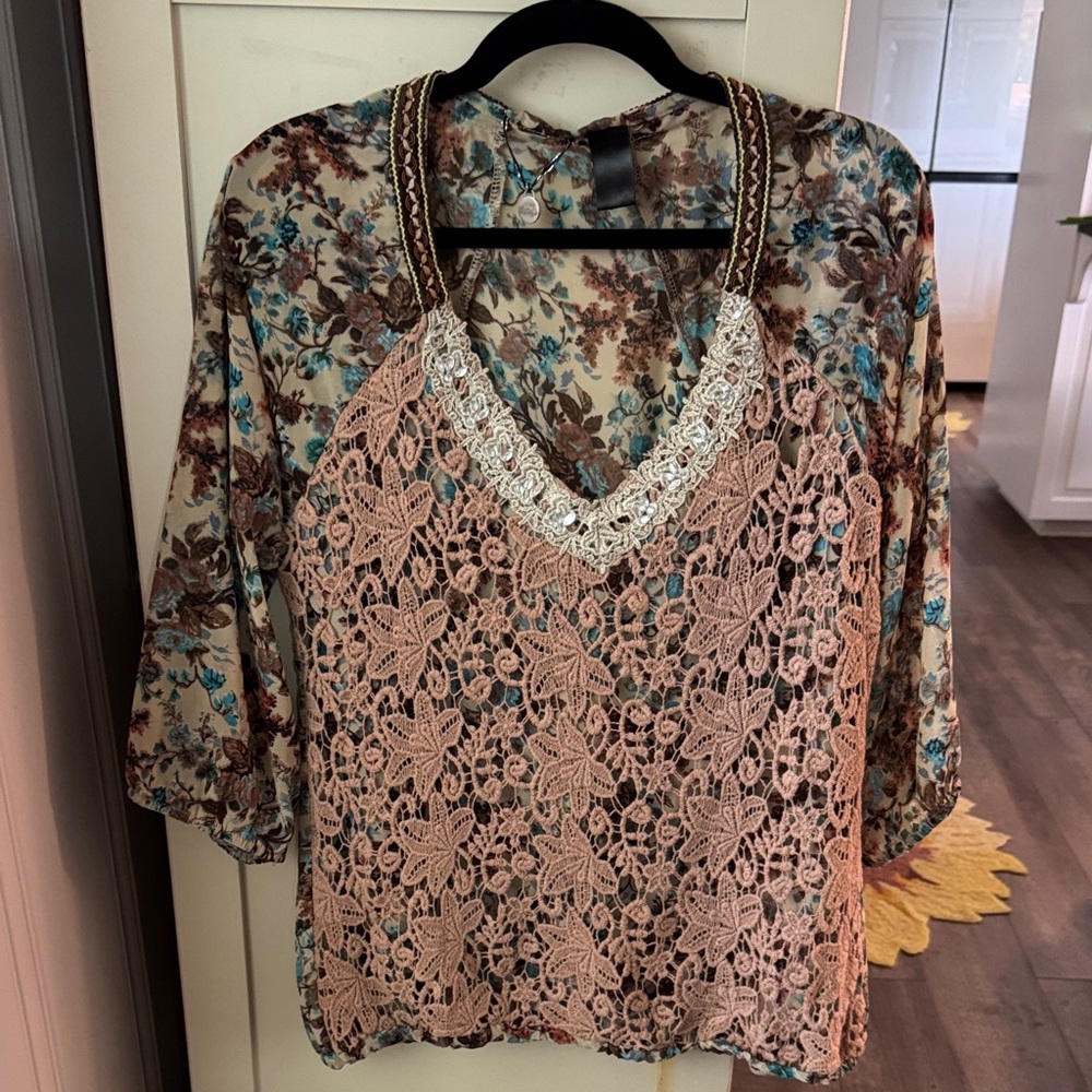 BKE Cream Floral Blouse with Pink Lace Overlay